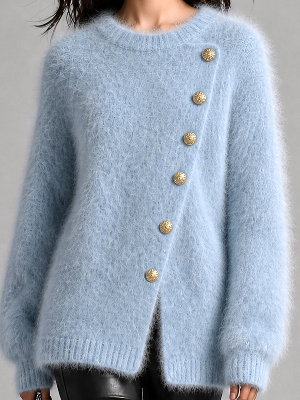 ElevenOra Chic Elegant Light Blue Round-Neck Long-Sleeve Slant Placket Gold Button Detail Loose-Fit Mohair Blend Knit Sweater