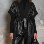 ElevenOra Chic Elegant Black Shawl Collar Dolman Sleeve Asymmetric Hem Tie Belt Loose-Fit Faux Leather Jacket