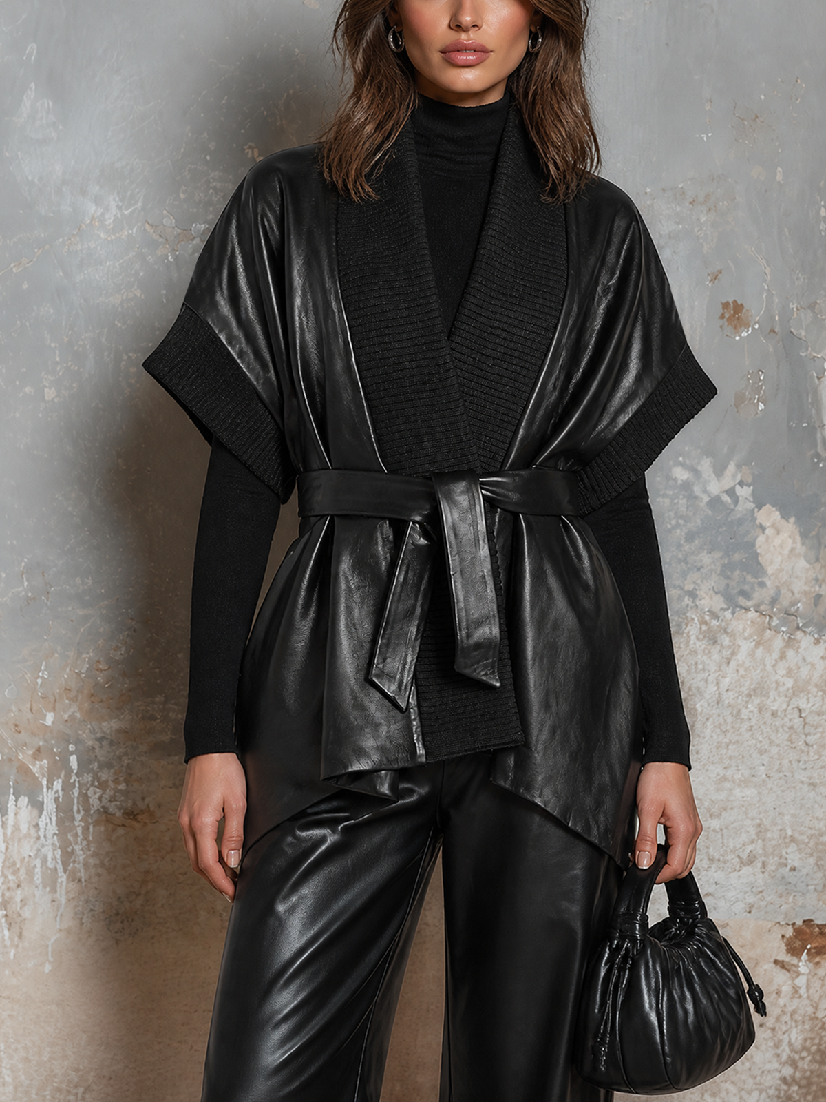 ElevenOra Chic Elegant Black Shawl Collar Dolman Sleeve Asymmetric Hem Tie Belt Loose-Fit Faux Leather Jacket