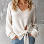 ElevenOra Chic Elegant Cream White V-Neck Long-Sleeve Slit Detail Self-Tie Loose-Fit Lightweight Wool Blend Knit Sweater