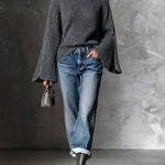 ElevenOra Chic Elegant Gray Turtleneck Long-Flare-Sleeve Decorative Zippers Loose-Fit Wool Blend Ribbed Knit Sweater