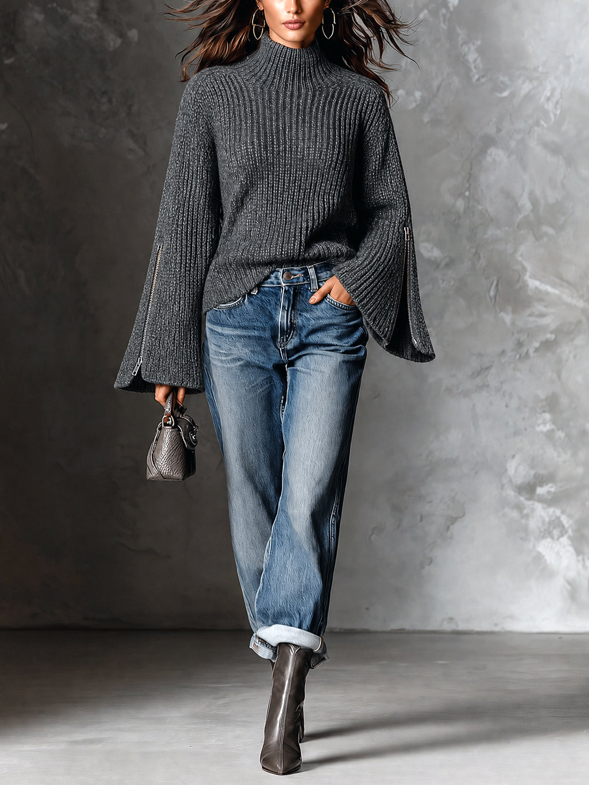 ElevenOra Chic Elegant Gray Turtleneck Long-Flare-Sleeve Decorative Zippers Loose-Fit Wool Blend Ribbed Knit Sweater