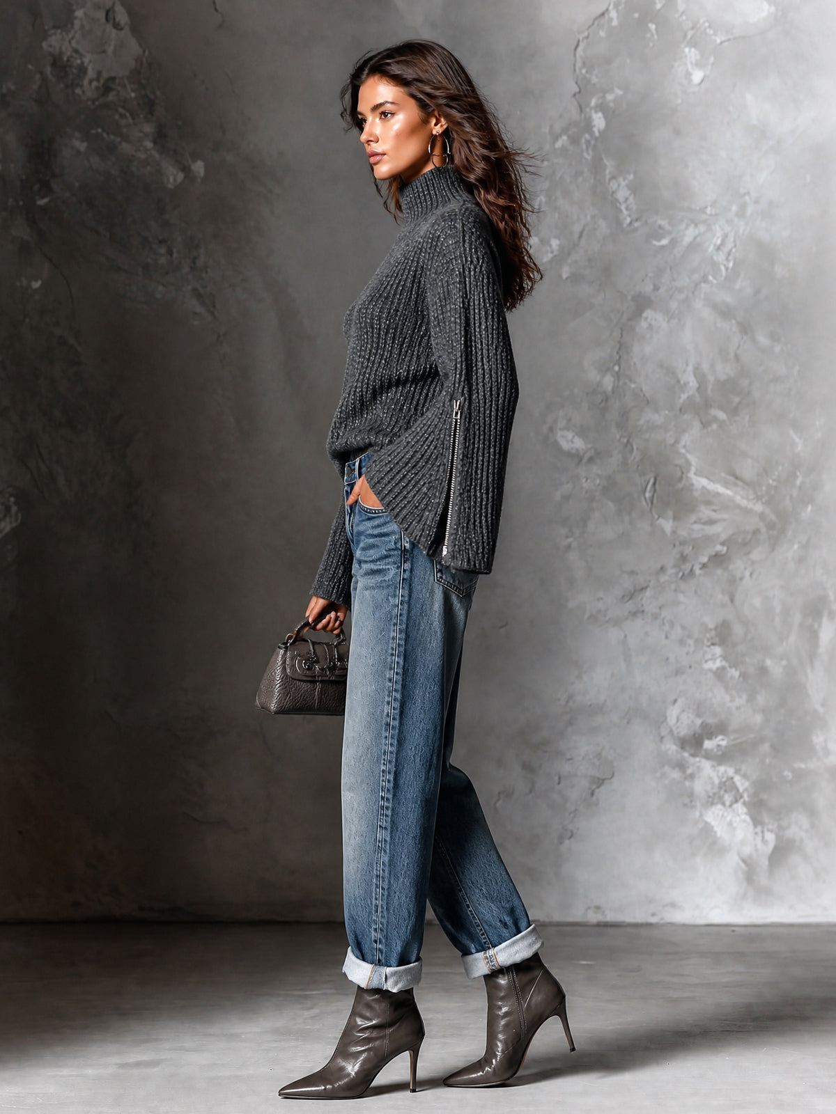 ElevenOra Chic Elegant Gray Turtleneck Long-Flare-Sleeve Decorative Zippers Loose-Fit Wool Blend Ribbed Knit Sweater