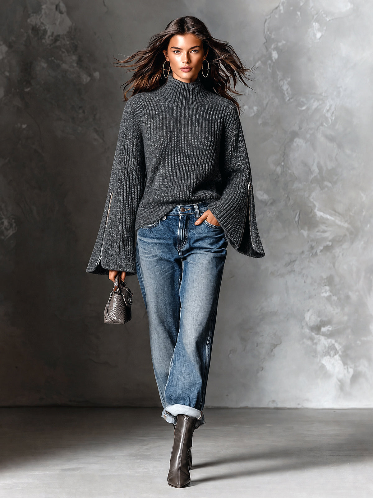 ElevenOra Chic Elegant Gray Turtleneck Long-Flare-Sleeve Decorative Zippers Loose-Fit Wool Blend Ribbed Knit Sweater