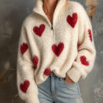 ElevenOra Chic Casual Off-White Stand Collar Half-Zipper Red Heart Jacquard Long Sleeve Loose-Fit Fuzzy Mohair-Blend Knit Sweater