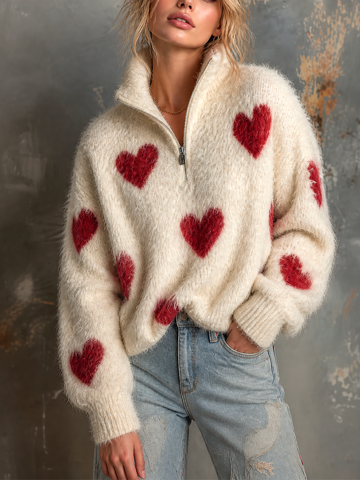 ElevenOra Chic Casual Off-White Stand Collar Half-Zipper Red Heart Jacquard Long Sleeve Loose-Fit Fuzzy Mohair-Blend Knit Sweater