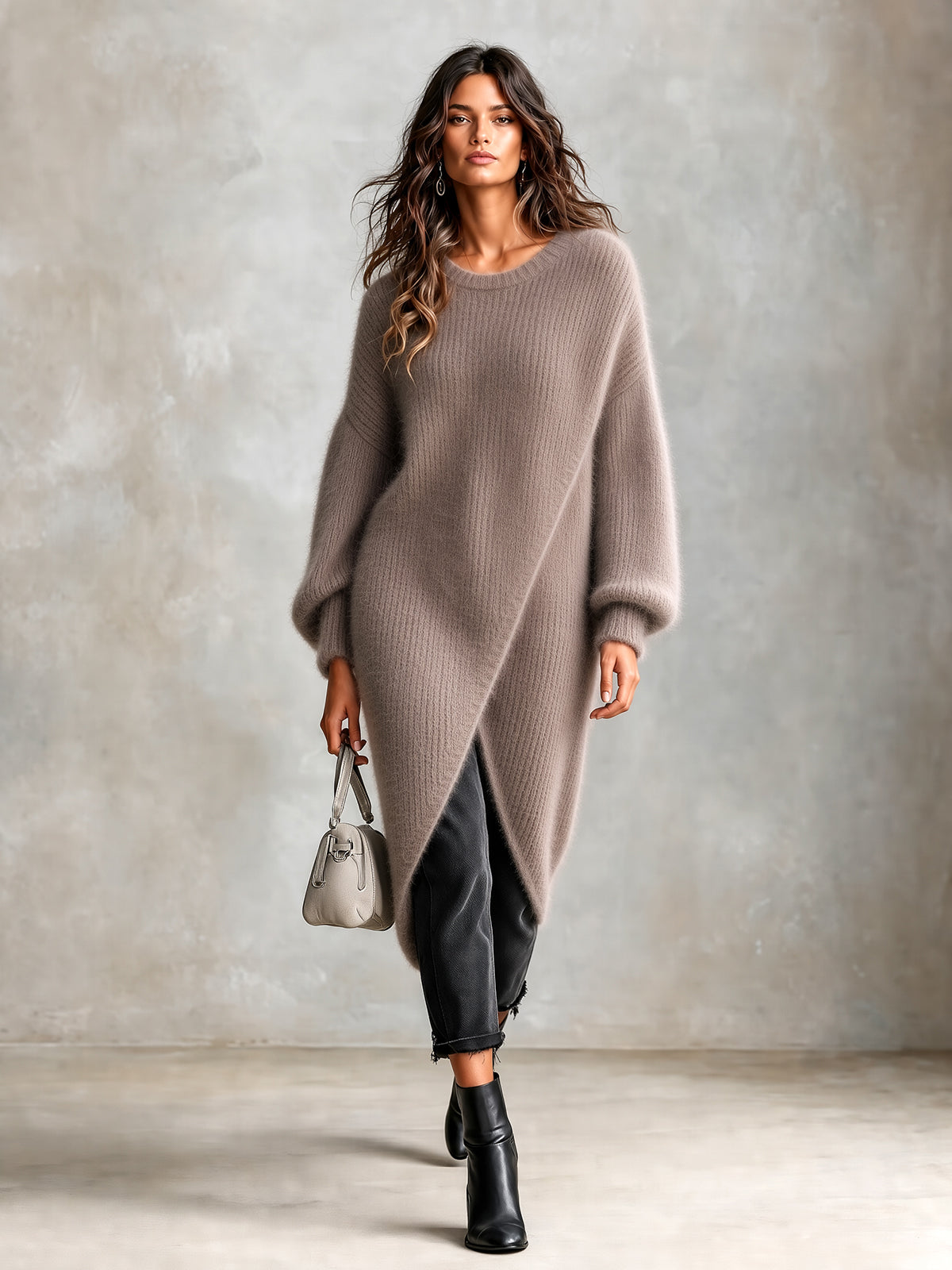 ElevenOra Chic Elegant Light Brown Round-Neck Long-Lantern-Sleeve Cross-Front High-Low Hem Loose-Fit Mohair Blend Knit Long Sweater