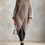 ElevenOra Chic Elegant Light Brown Round-Neck Long-Lantern-Sleeve Cross-Front High-Low Hem Loose-Fit Mohair Blend Knit Long Sweater