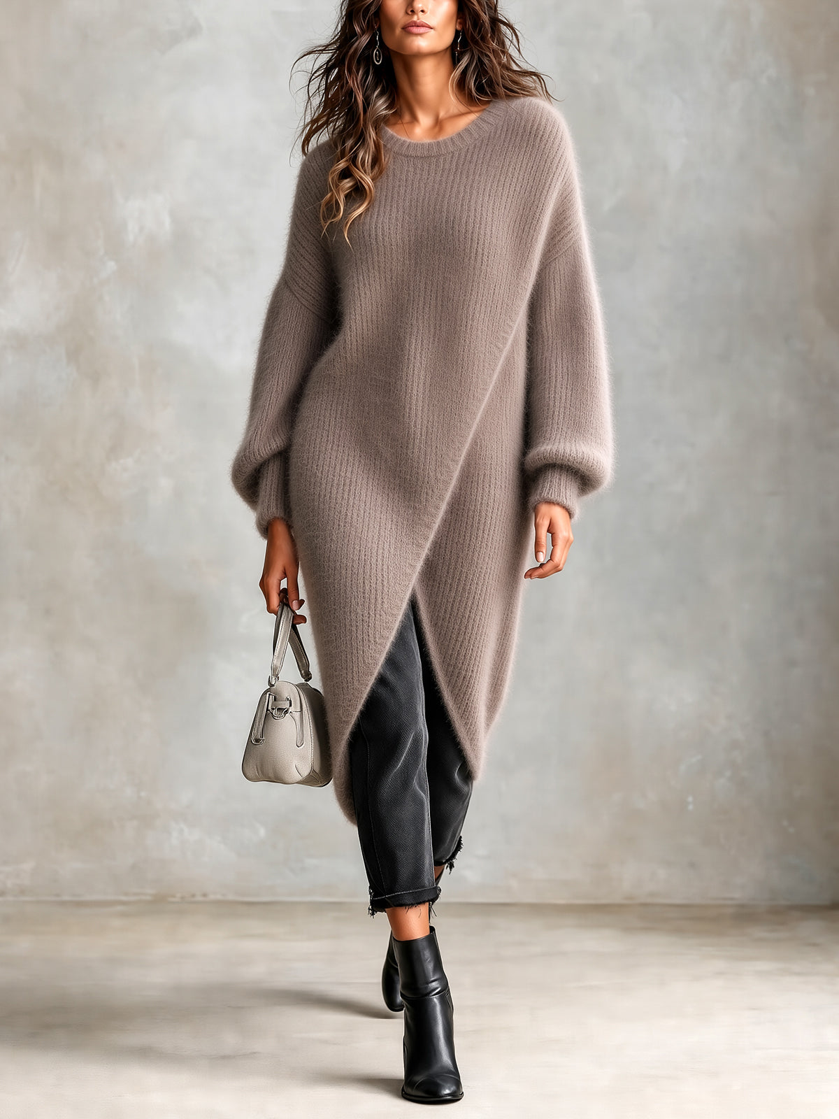 ElevenOra Chic Elegant Light Brown Round-Neck Long-Lantern-Sleeve Cross-Front High-Low Hem Loose-Fit Mohair Blend Knit Long Sweater