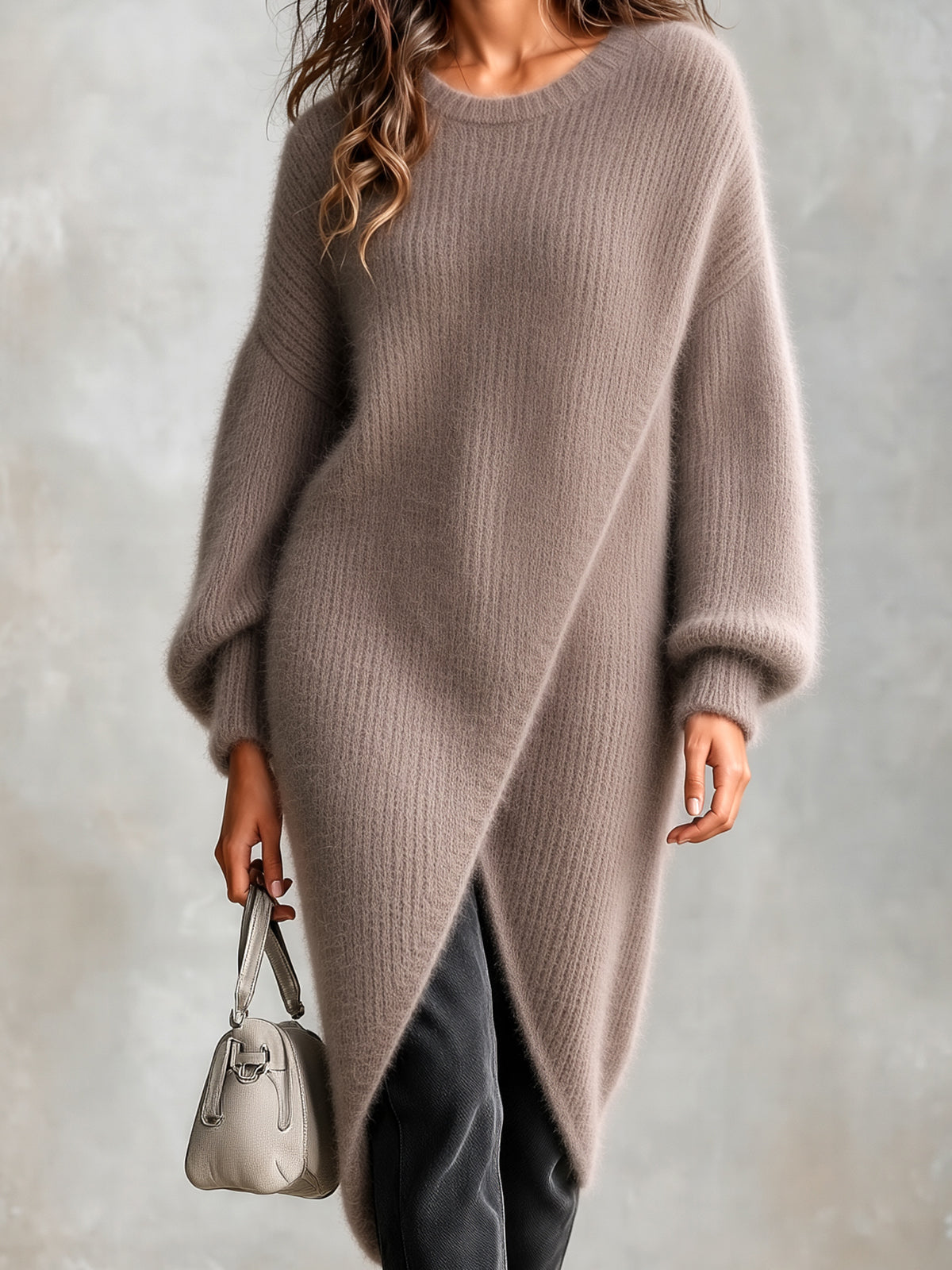 ElevenOra Chic Elegant Light Brown Round-Neck Long-Lantern-Sleeve Cross-Front High-Low Hem Loose-Fit Mohair Blend Knit Long Sweater