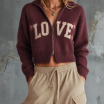 ElevenOra Chic Casual Burgundy Lapel Collar Letter Jacquard Zip‑Up Long-Sleeve Loose-Fit Wool-Blend Knit Cardigan