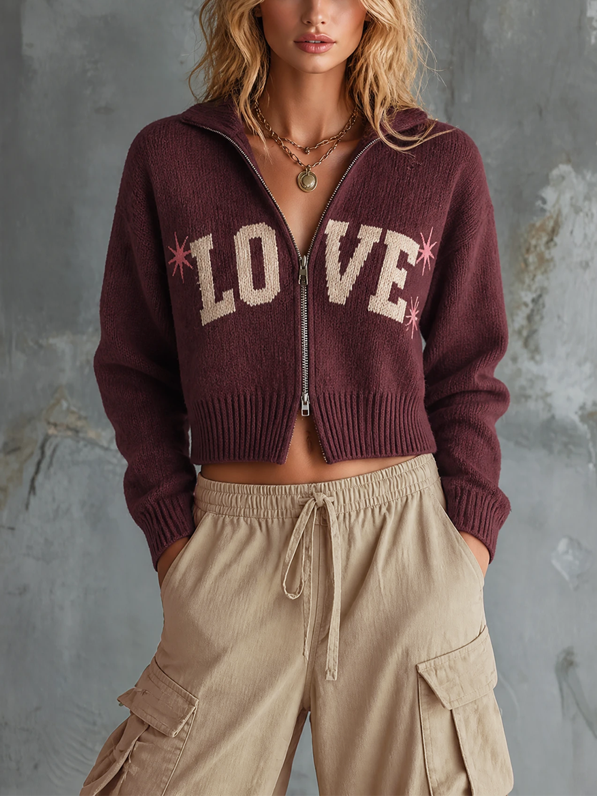 ElevenOra Chic Casual Burgundy Lapel Collar Letter Jacquard Zip‑Up Long-Sleeve Loose-Fit Wool-Blend Knit Cardigan