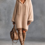 ElevenOra Chic Elegant Camel-Brown Colorblock Hooded-Collar Long-Lantern-Sleeve Oversize Soft Mohair Blend Knit Midi Dress