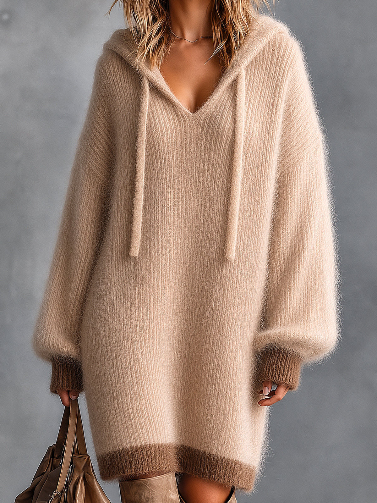 ElevenOra Chic Elegant Camel-Brown Colorblock Hooded-Collar Long-Lantern-Sleeve Oversize Soft Mohair Blend Knit Midi Dress
