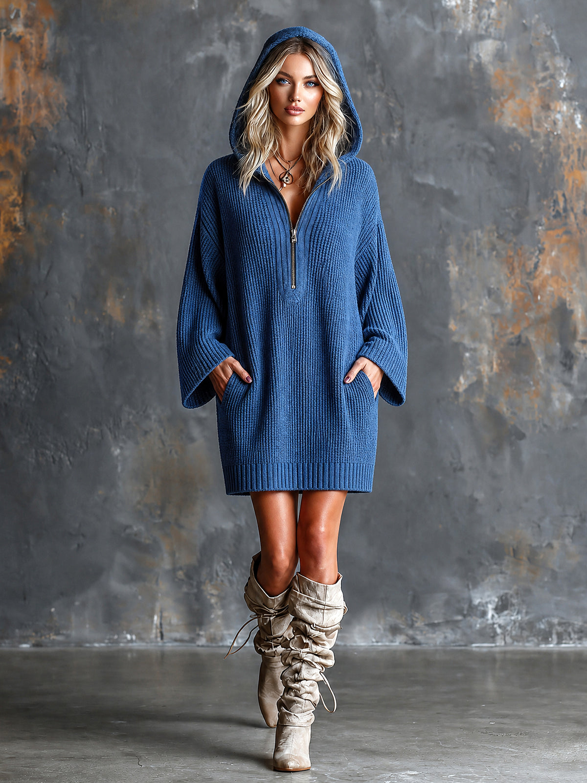 ElevenOra Chic Elegant Royal Blue Zipper-Front Hooded-Collar Long-Flare-Sleeve Loose-Fit Wool Blend Knit Mini Dress