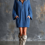 ElevenOra Chic Elegant Royal Blue Zipper-Front Hooded-Collar Long-Flare-Sleeve Loose-Fit Wool Blend Knit Mini Dress