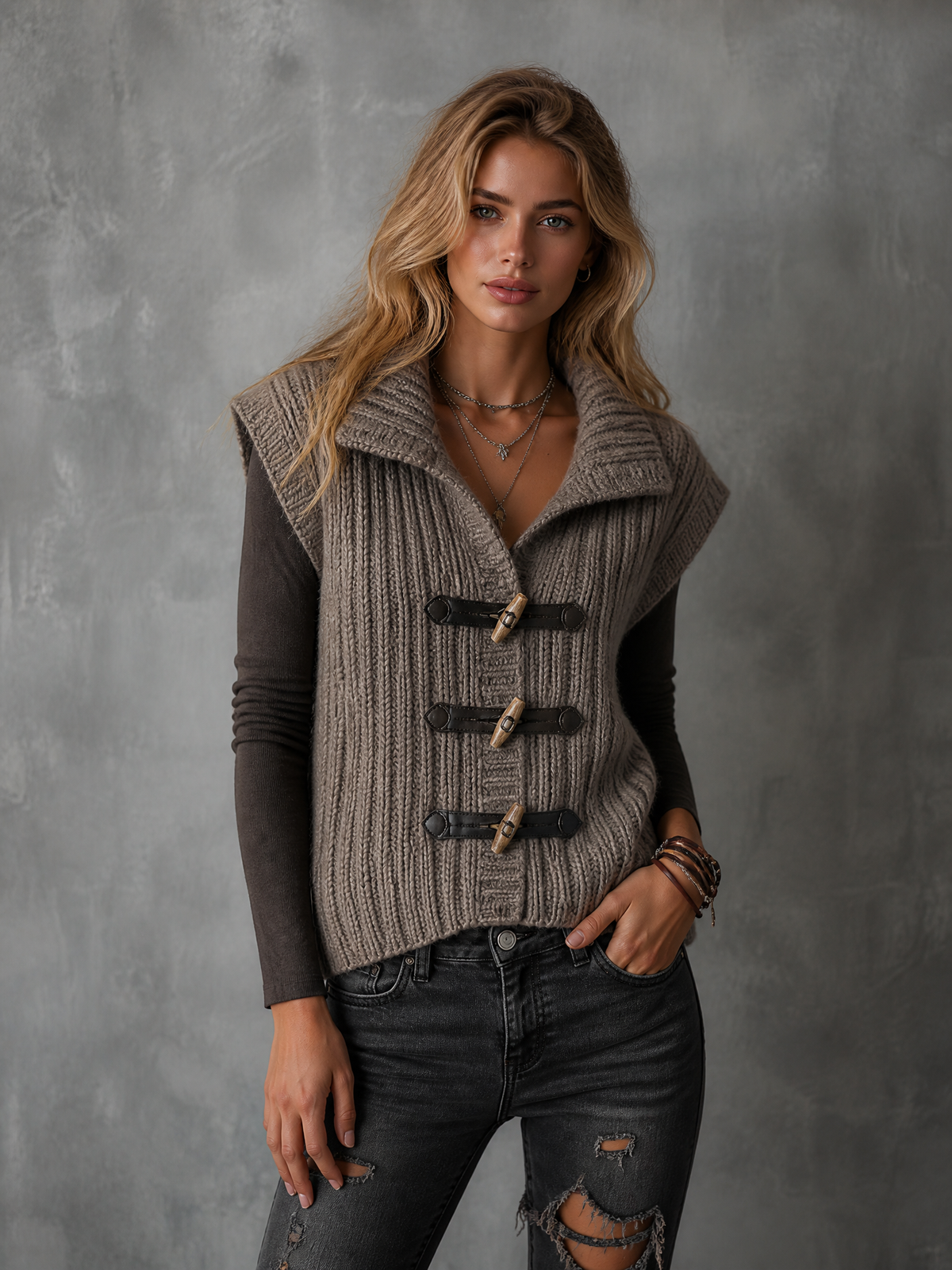 ElevenOra Chic Casual Taupe Lapel Collar Wood Toggle Button Sleeveless Loose-Fit Chunky Knit Vest