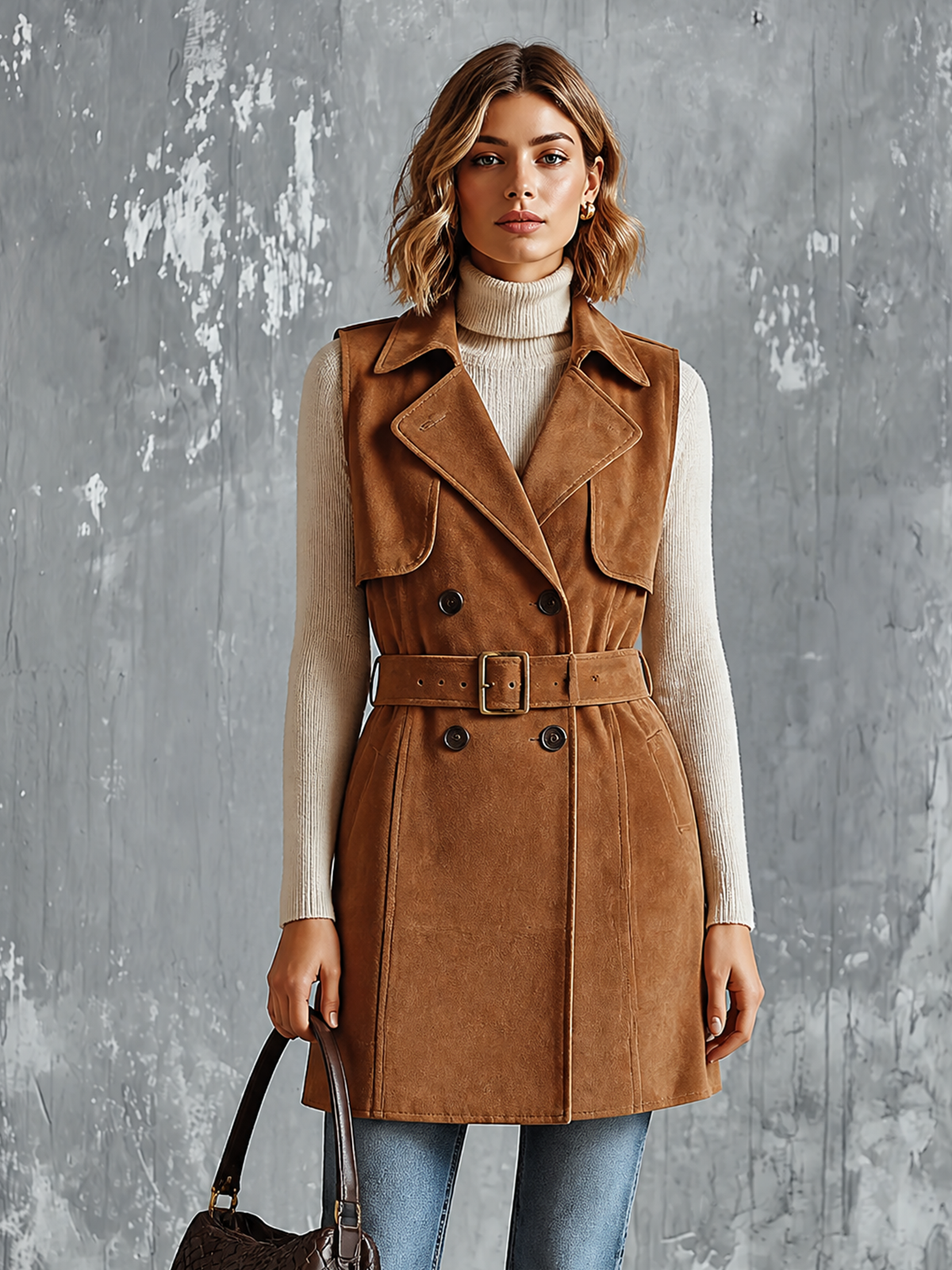 ElevenOra Chic Casual Camel Notched Lapel Collar Double-Breasted Sleeveless Waist Belt Loose-Fit Suede Trench Vest