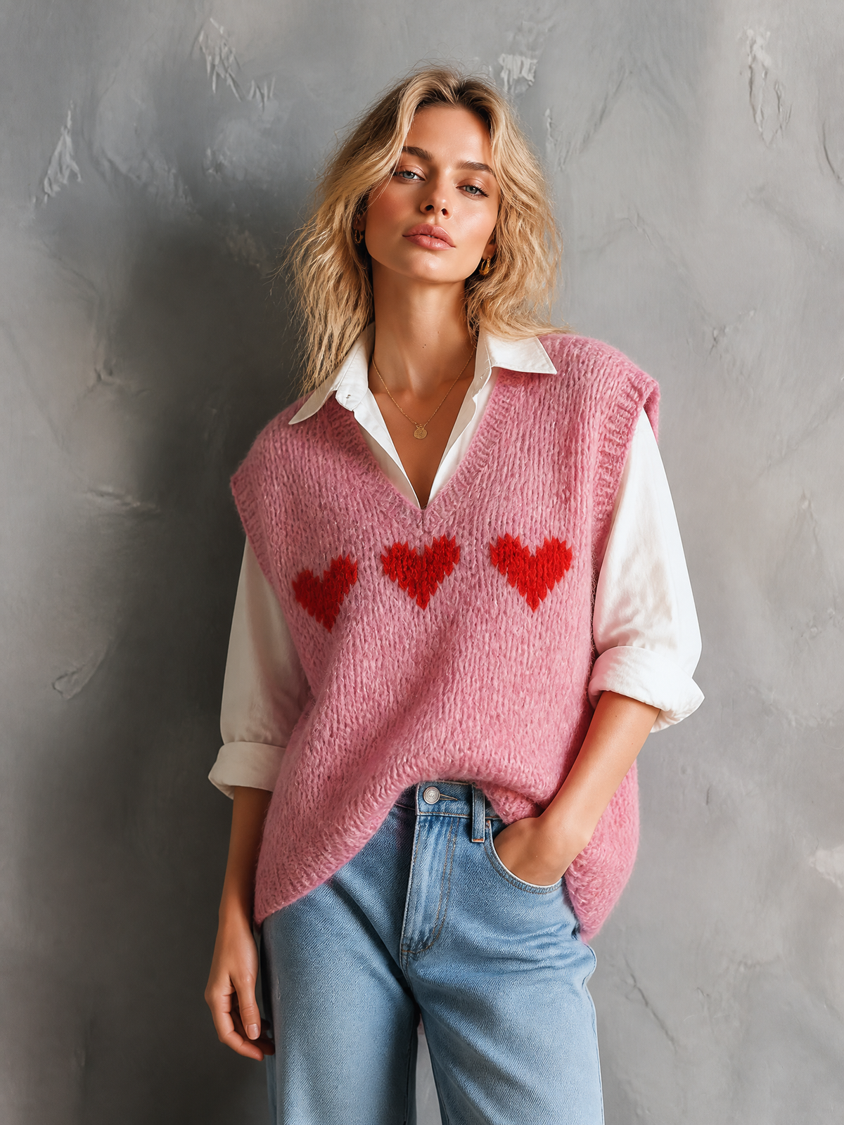 ElevenOra Chic Casual Pink V-Neck Red Heart Jacquard Sleeveless Loose-Fit Fuzzy Knit Vest