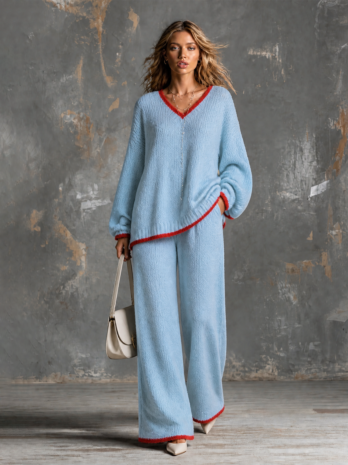 ElevenOra Chic Elegant Light Blue V-Neck Long Sleeve Red Contrast Trim Loose-Fit Sweater Elastic-Waist Wide-Leg Pants Knit Two-Piece Set