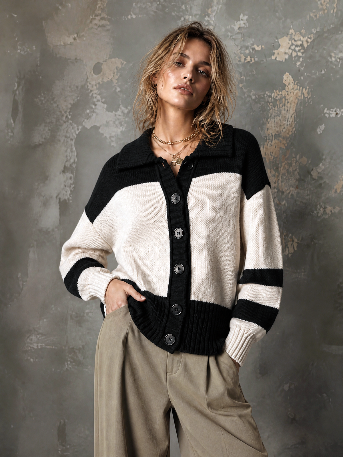 ElevenOra Chic Casual Black-White Colorblock Lapel Collar Dropped Shoulder Long-Sleeve Single-Breasted Loose-Fit Knit Cardigan