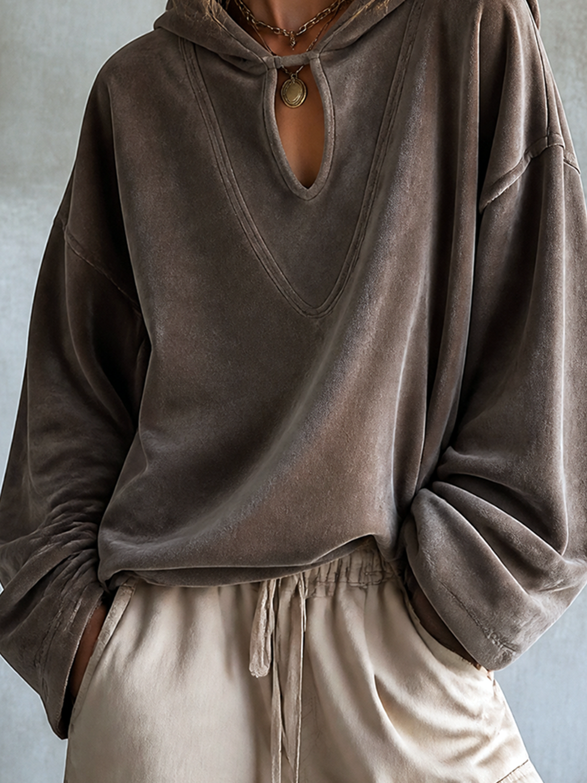 ElevenOra Chic Casual Taupe Brown Hooded-Collar Keyhole Cutout Dropped Shoulder Long Sleeve Loose-Fit Soft Velour Fabric Sweatshirt