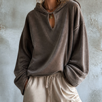 ElevenOra Chic Casual Taupe Brown Hooded-Collar Keyhole Cutout Dropped Shoulder Long Sleeve Loose-Fit Soft Velour Fabric Sweatshirt