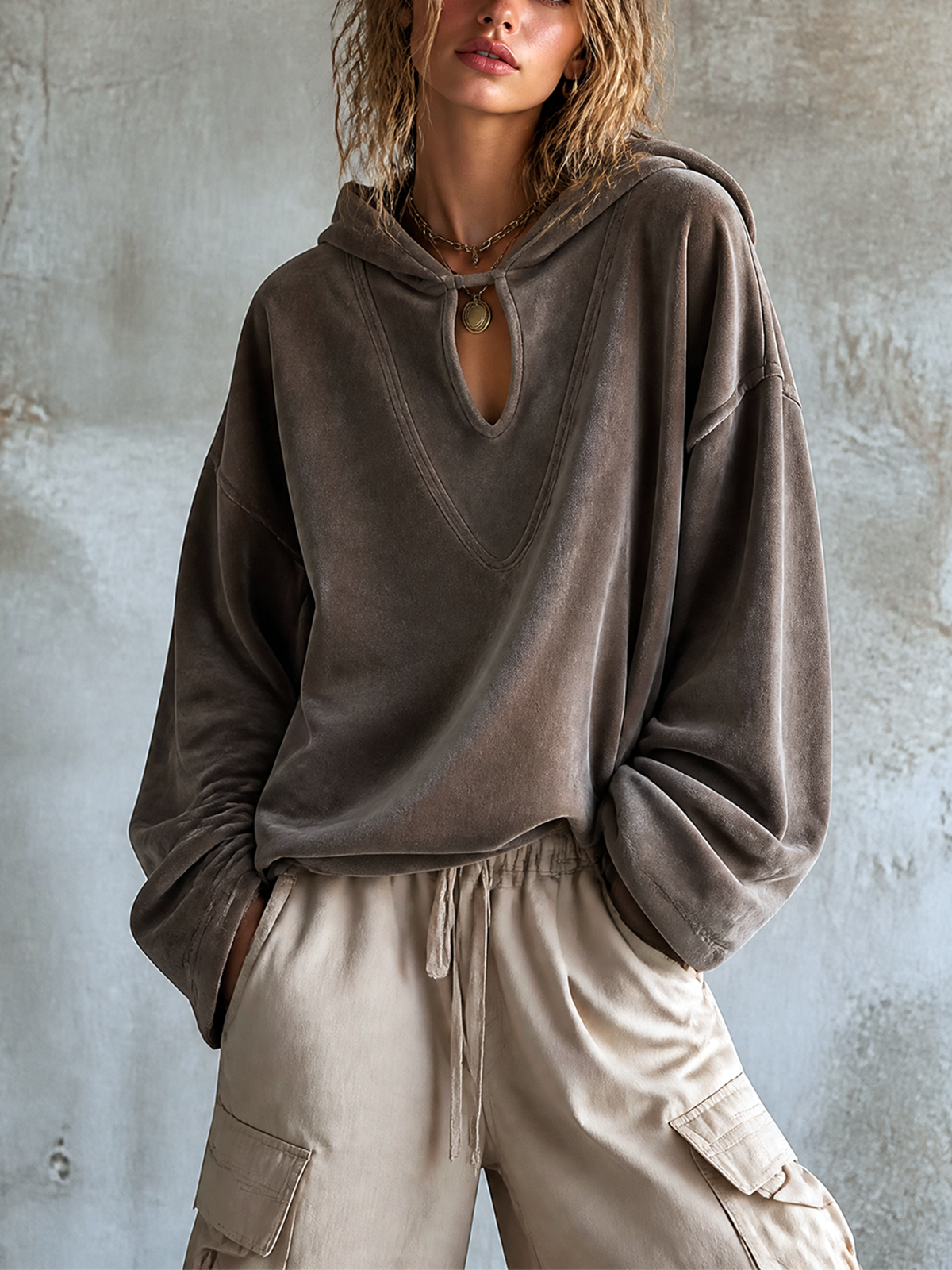 ElevenOra Chic Casual Taupe Brown Hooded-Collar Keyhole Cutout Dropped Shoulder Long Sleeve Loose-Fit Soft Velour Fabric Sweatshirt