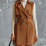 ElevenOra Chic Casual Camel Notched Lapel Collar Double-Breasted Sleeveless Waist Belt Loose-Fit Suede Trench Vest