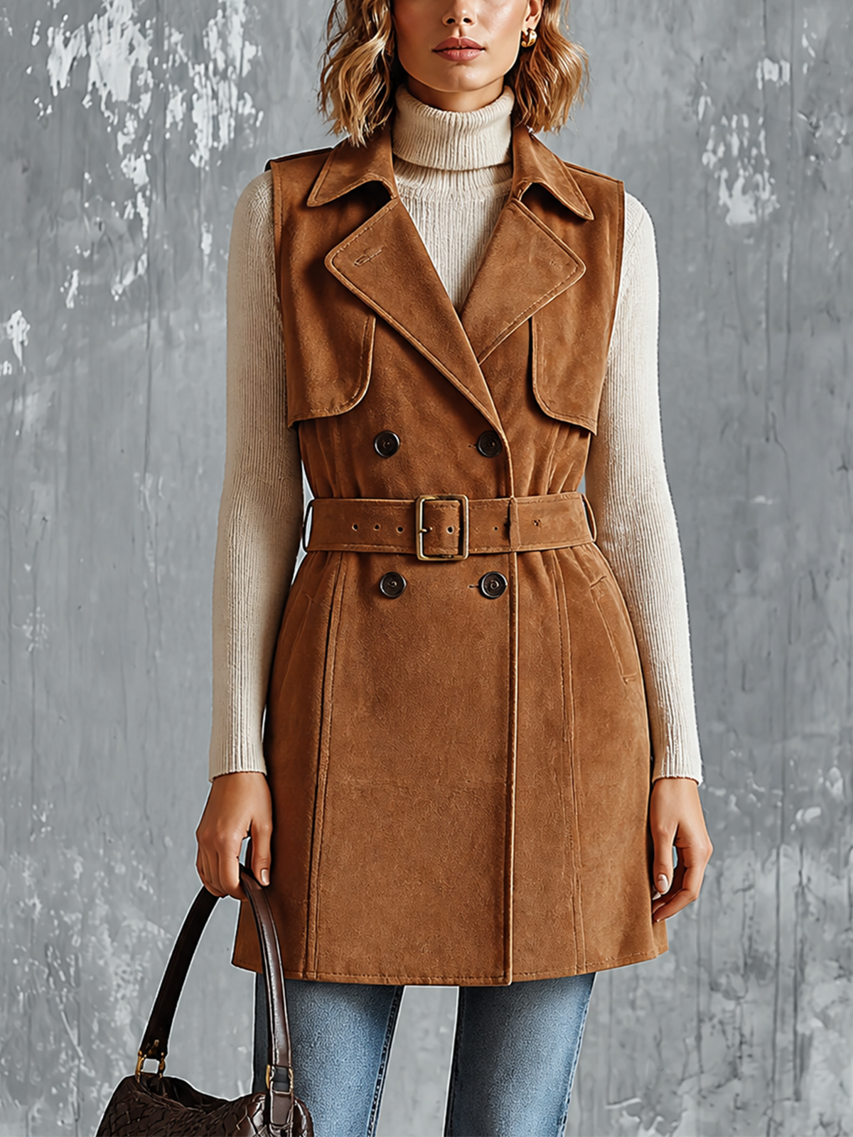 ElevenOra Chic Casual Camel Notched Lapel Collar Double-Breasted Sleeveless Waist Belt Loose-Fit Suede Trench Vest