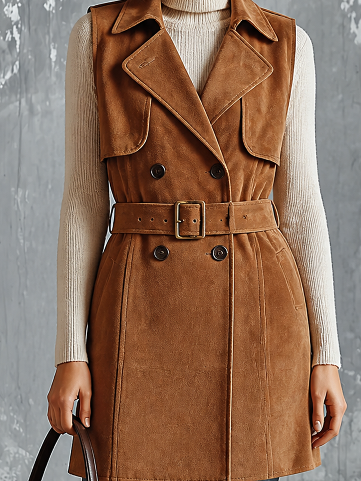 ElevenOra Chic Casual Camel Notched Lapel Collar Double-Breasted Sleeveless Waist Belt Loose-Fit Suede Trench Vest