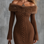 ElevenOra Chic Elegant Brown Off Shoulder Faux Fur Trim Long Sleeve Slim-Fit Cable Knit Mini Dress