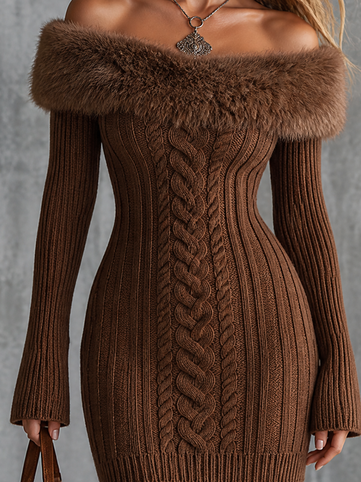 ElevenOra Chic Elegant Brown Off Shoulder Faux Fur Trim Long Sleeve Slim-Fit Cable Knit Mini Dress