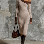 ElevenOra Chic Elegant Oatmeal-Brown Colorblock Asymmetric Off Shoulder Long Sleeve Slim-Fit Ribbed Knit Midi Dress