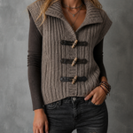 ElevenOra Chic Casual Taupe Lapel Collar Wood Toggle Button Sleeveless Loose-Fit Chunky Knit Vest