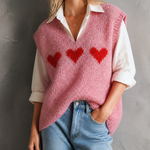 ElevenOra Chic Casual Pink V-Neck Red Heart Jacquard Sleeveless Loose-Fit Fuzzy Knit Vest