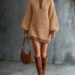 ElevenOra Chic Elegant Camel Stand Collar Half-Zipper Contrast Trim Long Sleeve Loose-Fit Chunky Knit Mini Dress