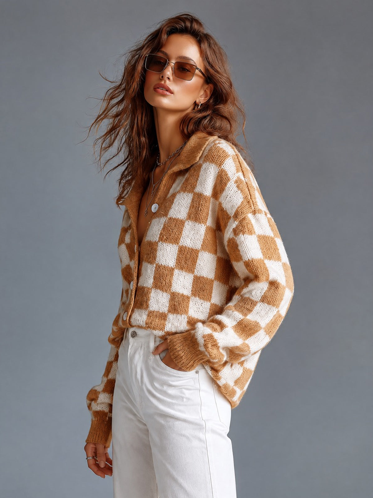 ElevenOra Chic Casual Camel-White Checkerboard Pattern Jacquard Lapel Collar Long-Sleeve Single-Breasted Wool Blend Knit Cardigan