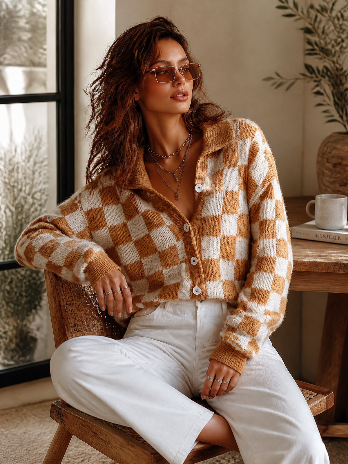 ElevenOra Chic Casual Camel-White Checkerboard Pattern Jacquard Lapel Collar Long-Sleeve Single-Breasted Wool Blend Knit Cardigan