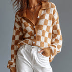 ElevenOra Chic Casual Camel-White Checkerboard Pattern Jacquard Lapel Collar Long-Sleeve Single-Breasted Wool Blend Knit Cardigan