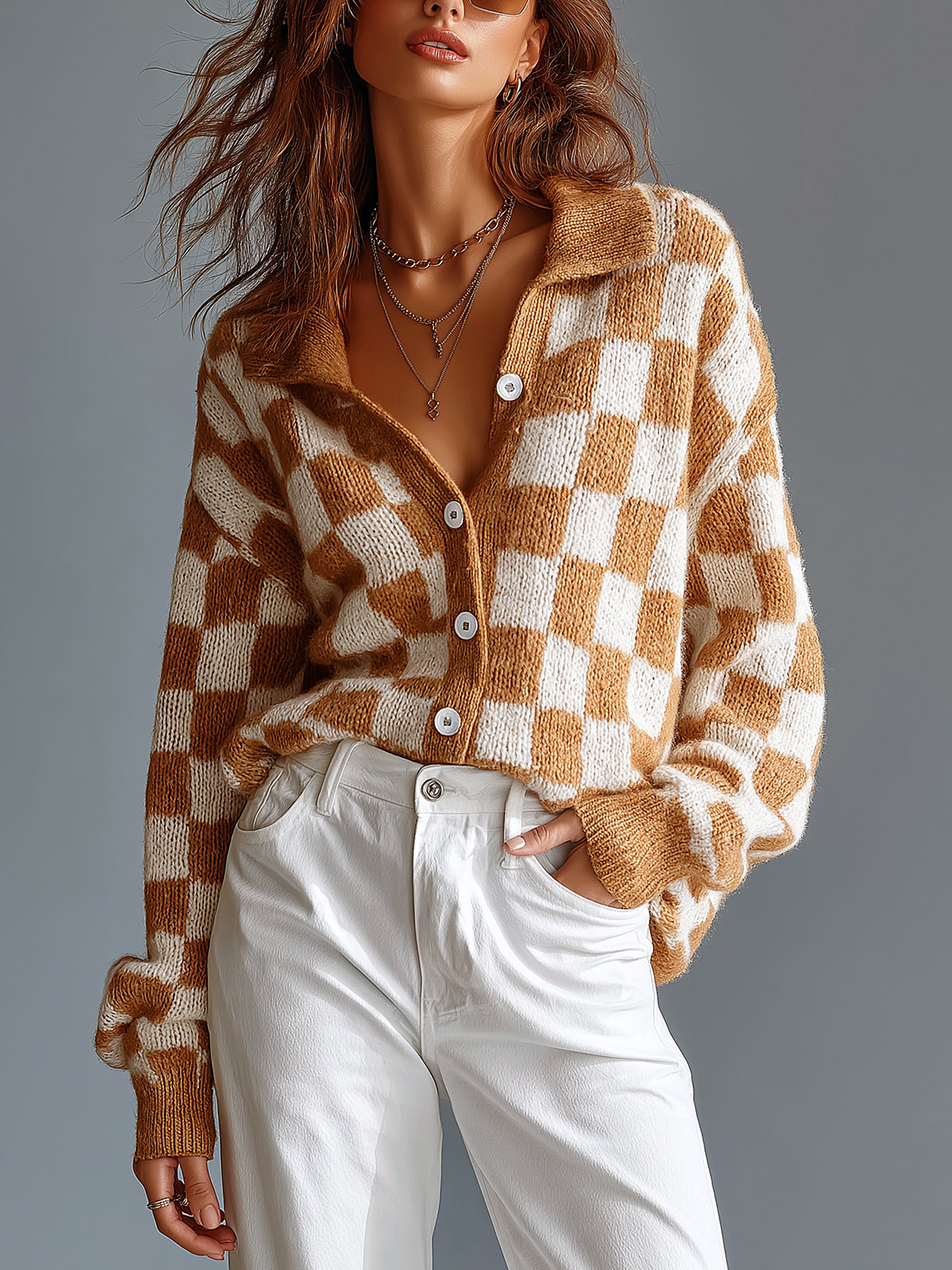 ElevenOra Chic Casual Camel-White Checkerboard Pattern Jacquard Lapel Collar Long-Sleeve Single-Breasted Wool Blend Knit Cardigan