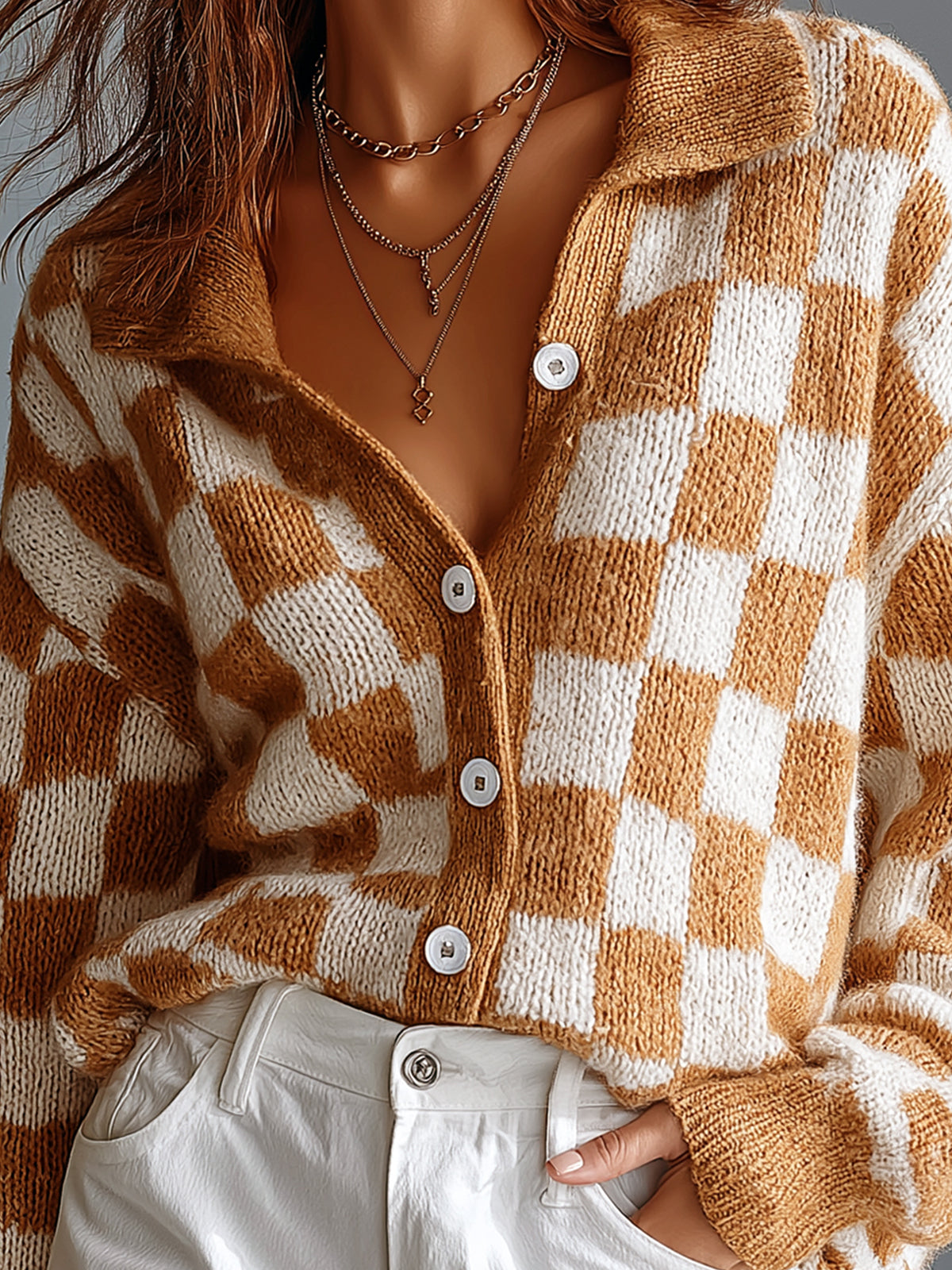 ElevenOra Chic Casual Camel-White Checkerboard Pattern Jacquard Lapel Collar Long-Sleeve Single-Breasted Wool Blend Knit Cardigan