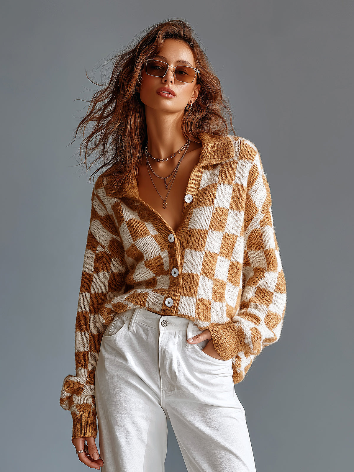 ElevenOra Chic Casual Camel-White Checkerboard Pattern Jacquard Lapel Collar Long-Sleeve Single-Breasted Wool Blend Knit Cardigan