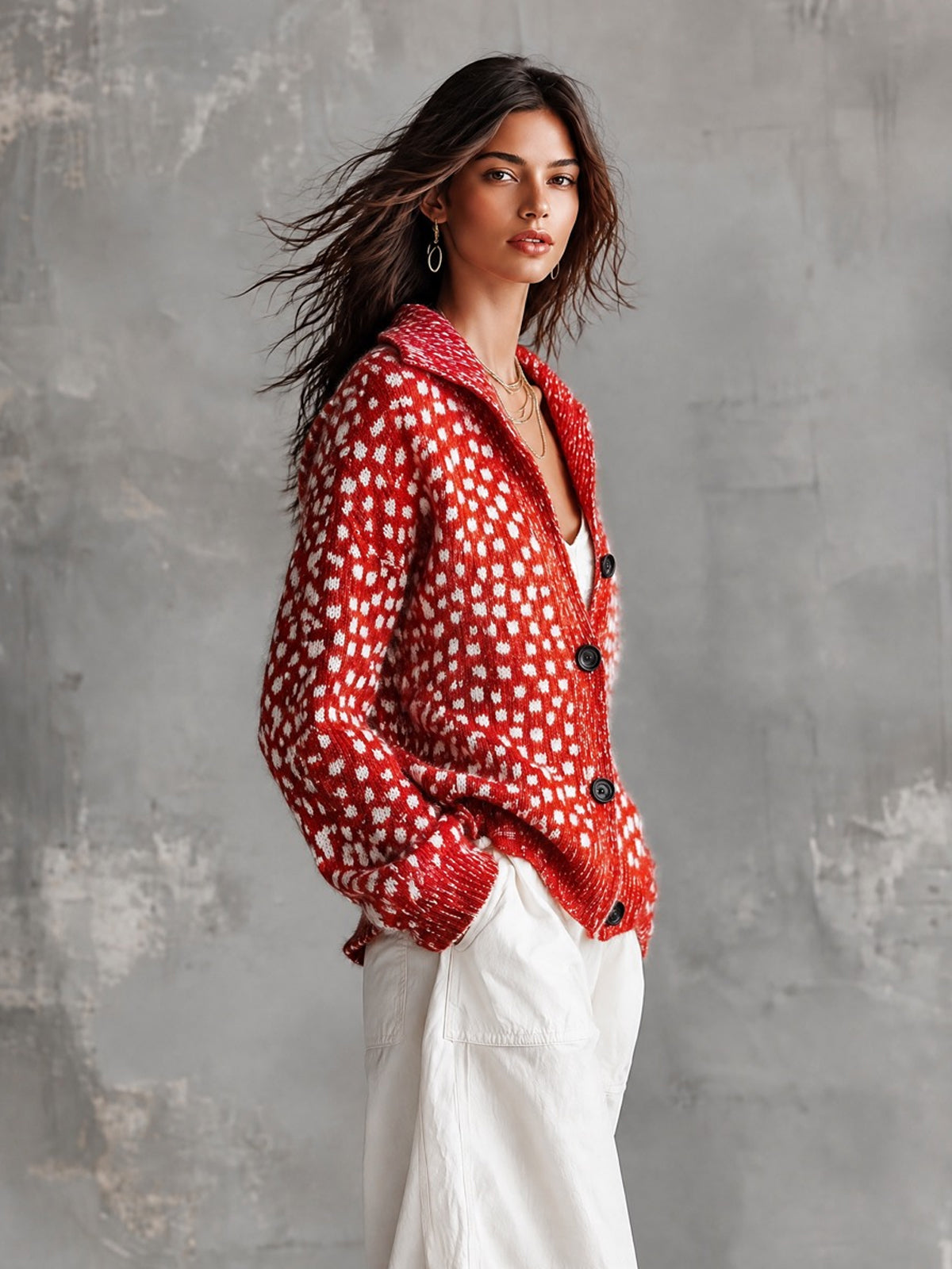 ElevenOra Chic Casual Red-White Colorblock Dots Pattern Jacquard Lapel Collar Long-Sleeve Single-Breasted Wool Blend Knit Cardigan