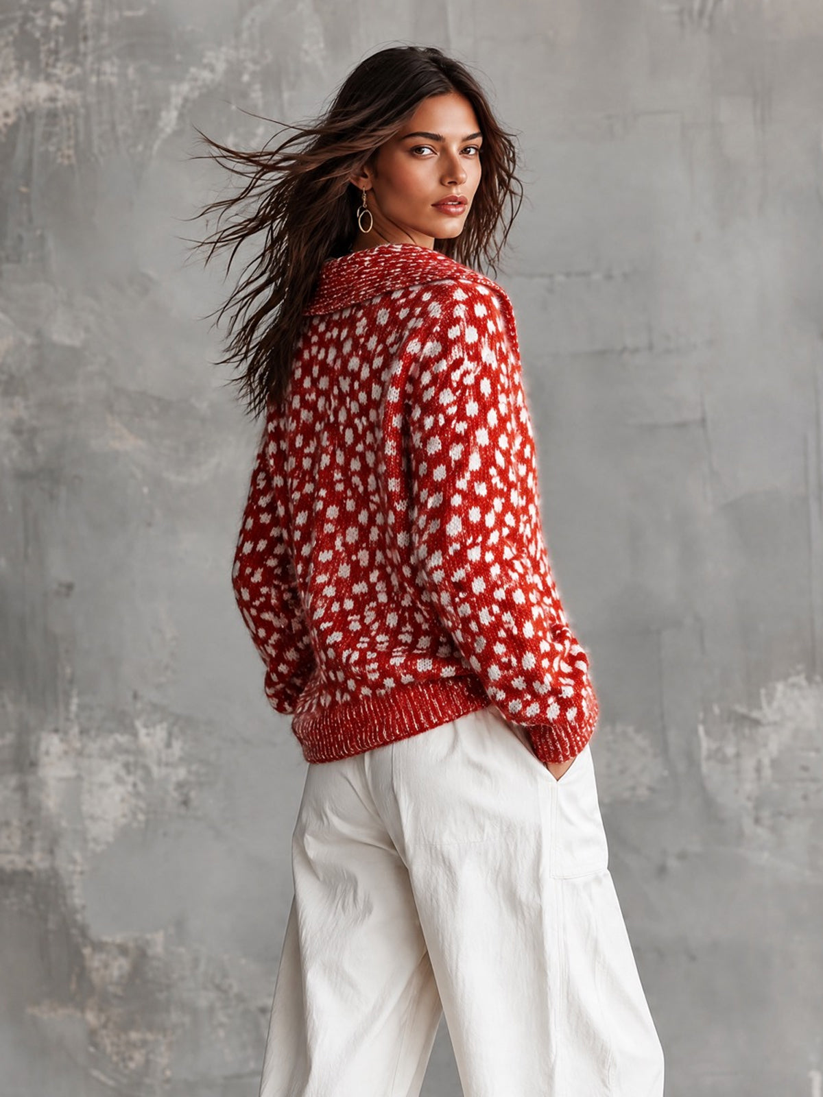ElevenOra Chic Casual Red-White Colorblock Dots Pattern Jacquard Lapel Collar Long-Sleeve Single-Breasted Wool Blend Knit Cardigan