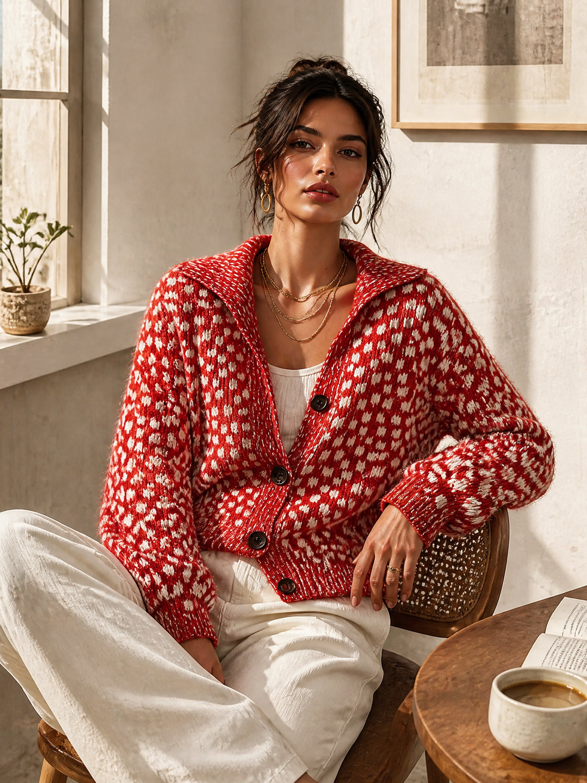 ElevenOra Chic Casual Red-White Colorblock Dots Pattern Jacquard Lapel Collar Long-Sleeve Single-Breasted Wool Blend Knit Cardigan