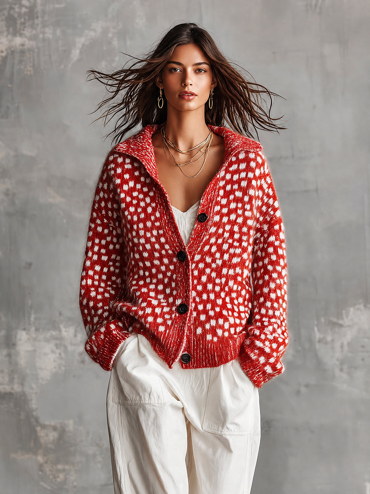 ElevenOra Chic Casual Red-White Colorblock Dots Pattern Jacquard Lapel Collar Long-Sleeve Single-Breasted Wool Blend Knit Cardigan