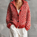 ElevenOra Chic Casual Red-White Colorblock Dots Pattern Jacquard Lapel Collar Long-Sleeve Single-Breasted Wool Blend Knit Cardigan