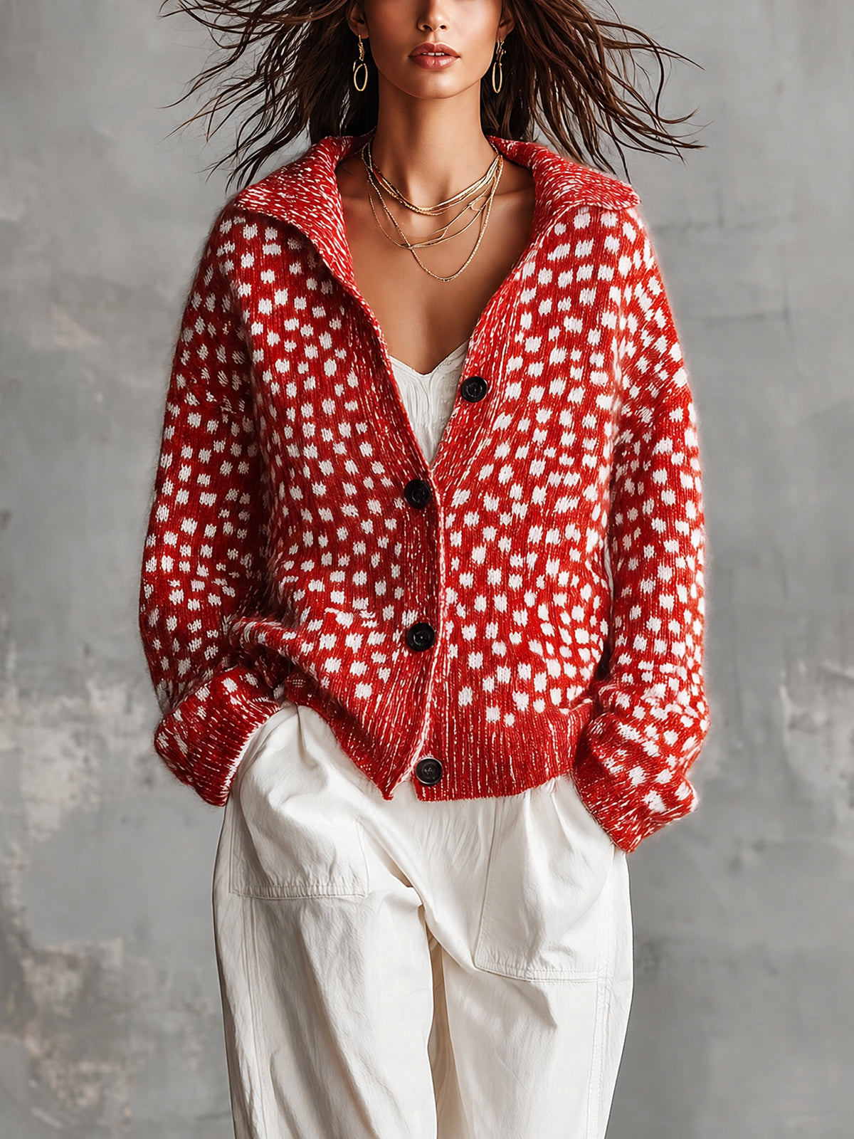 ElevenOra Chic Casual Red-White Colorblock Dots Pattern Jacquard Lapel Collar Long-Sleeve Single-Breasted Wool Blend Knit Cardigan