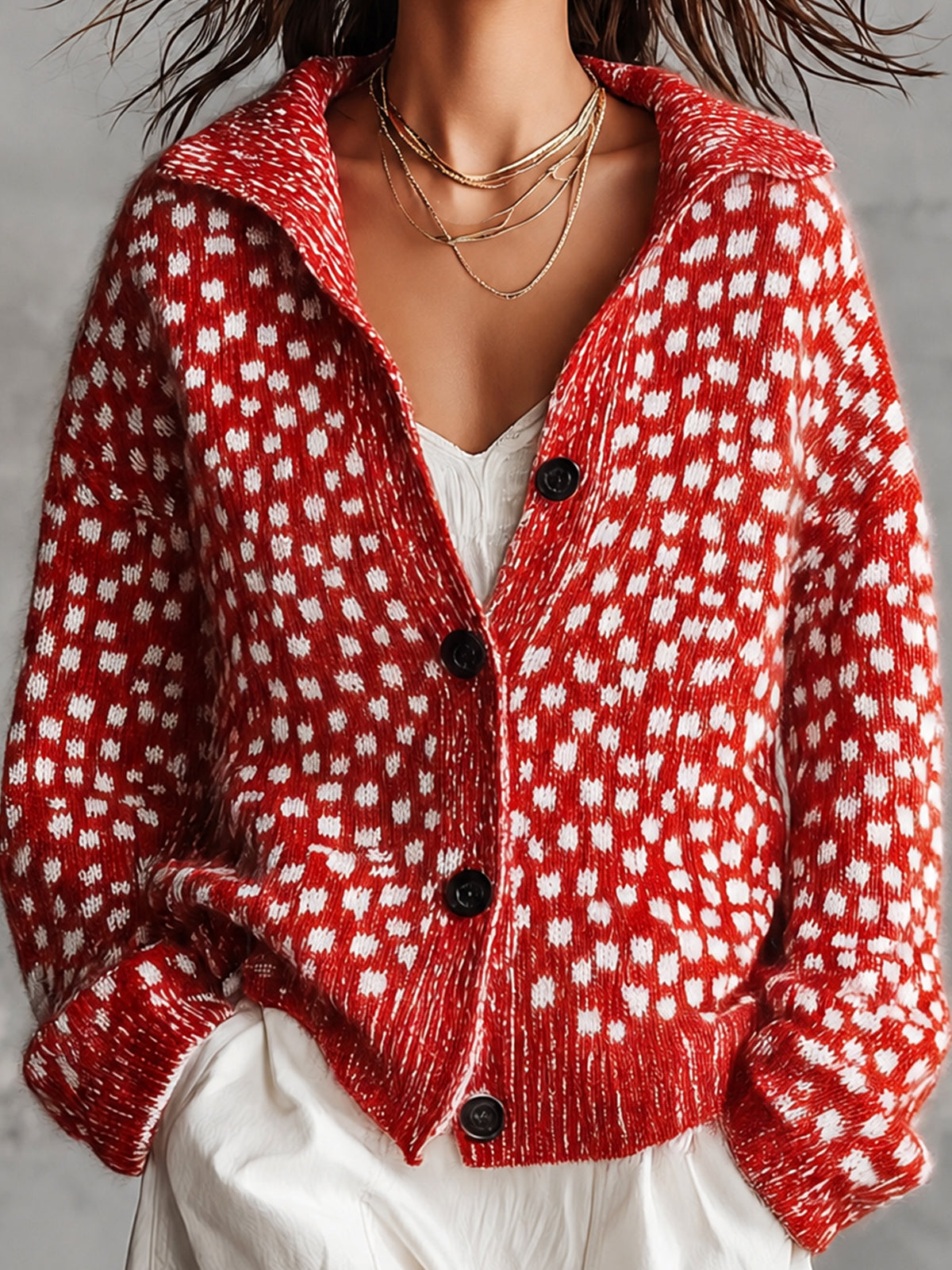 ElevenOra Chic Casual Red-White Colorblock Dots Pattern Jacquard Lapel Collar Long-Sleeve Single-Breasted Wool Blend Knit Cardigan